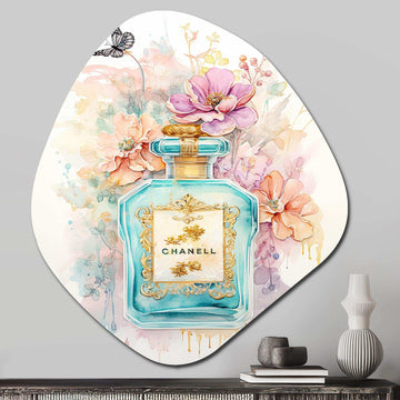 Vintage Floral Pastel Perfume Bottle I - Asymmetric Metal Wall Art